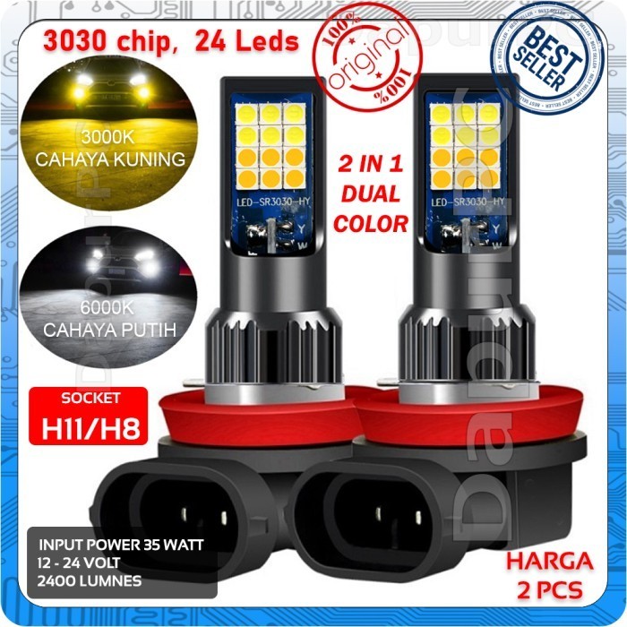 Lampu Mobil Led 24Smd H11 H8 2 Pcs Dual Color Putih Kuning Fog Lamp