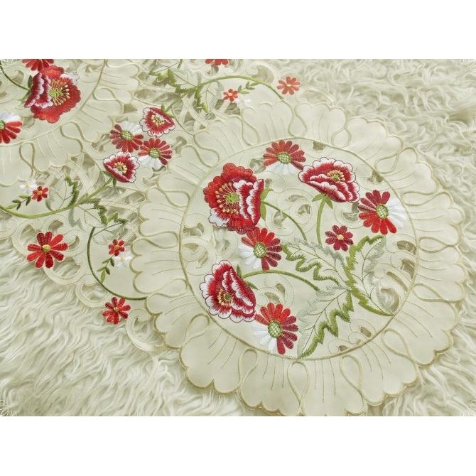 Taplak Meja Tamu Bordir/Taplak Bordir Oval Shabby Krem Bunga Merah