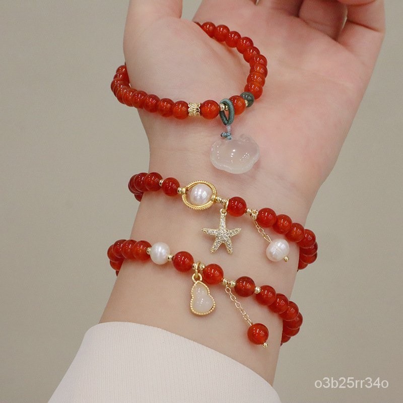 Baru 2024Alami6MMGelang Batu Akik Merah Wanita Gelang Batu Akik Liontin Kalsedon Xiangyun Gelang Bat