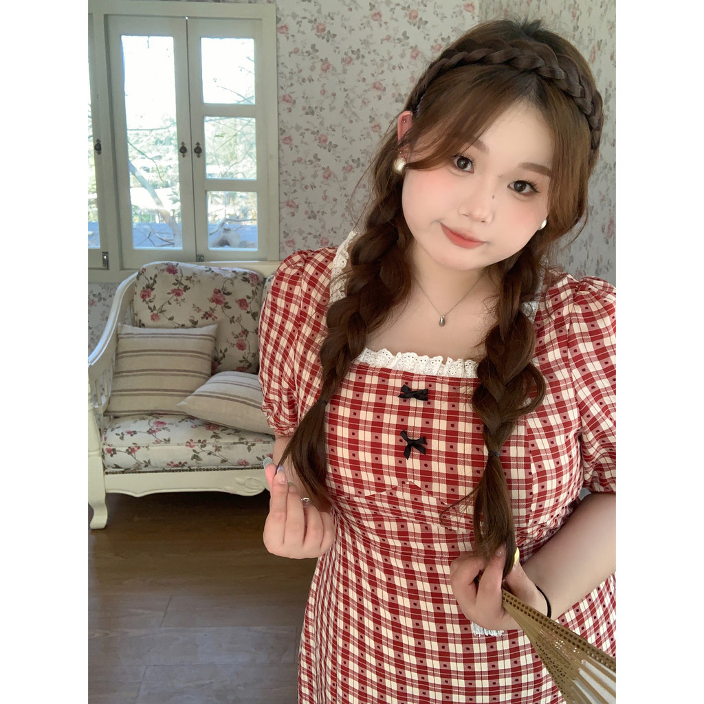 Plaid Dress Slimming Dress French Retro Short Sleeve Skirt
