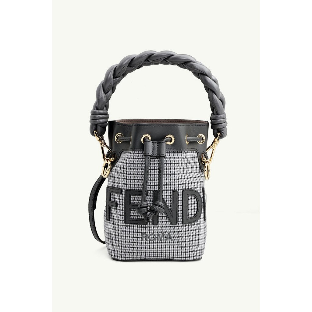 FENDI Mini Mon Tresor Bucket Bag in Grey Houndstooth Wool with Fendi Roma