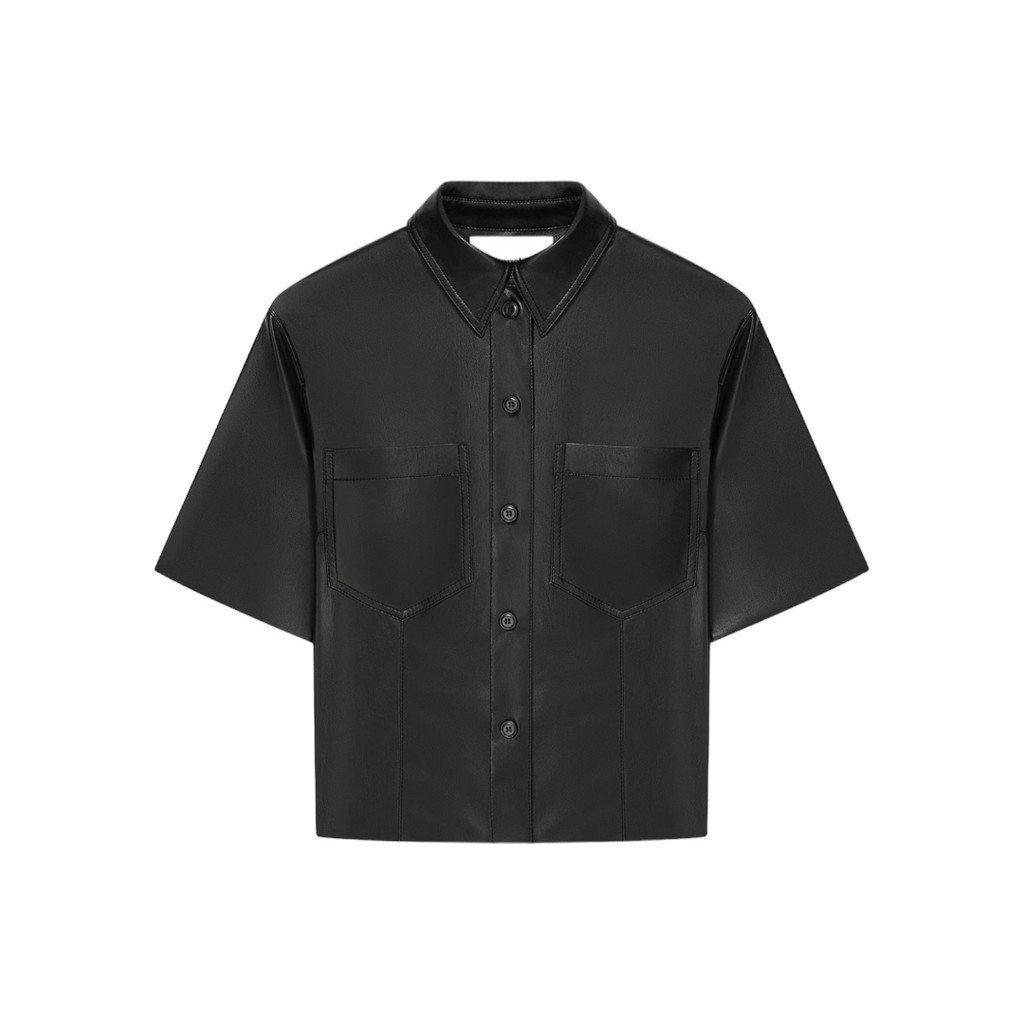 NANUSHKA Women SABINE Short Sleeve Fitted Shirt in Black Okobor Alt-Leather