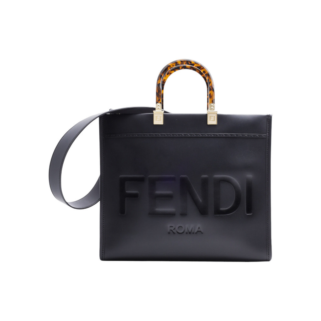 FENDI Small Sunshine FENDI ROMA Shopper Bag in Black Calfskin with Plexi Glass Handle