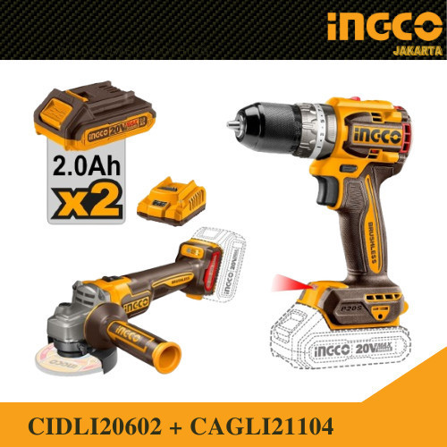PAKET COMBO P20S BRUSHLESS INGCO BOR + GERINDA + 2PCS BATERAI CHARGER