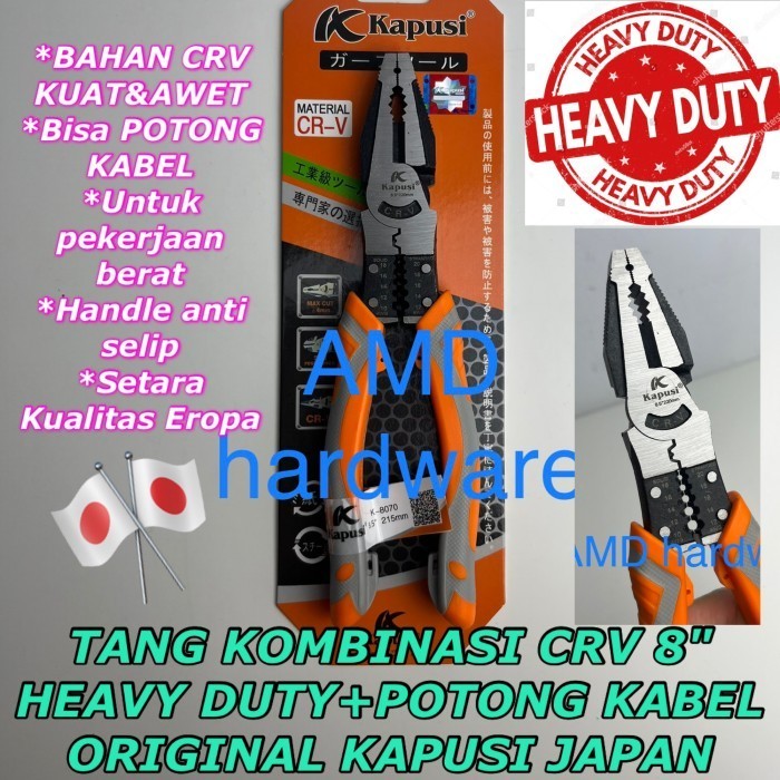Tang Kombinasi 8 Inch + Potong Kabel Heavy Duty Kapusi Japan