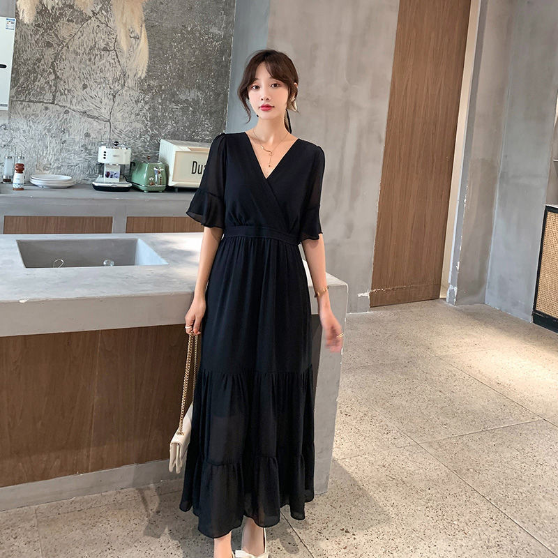 Black Dress Women's Micro Evening Dress Loose Temperament Hepburn Chiffon Dress