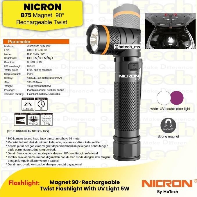 Nicron Flashlight B75 Twist Flashlight | B 75 Magnet 90 Rechargeable Kualitas Premium