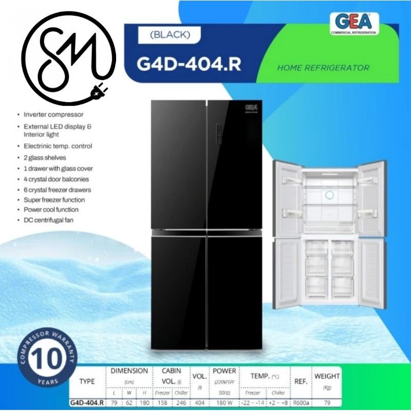 Kulkas 4 pintu GEA G4D-404.R Side by Side Black Glass G4D404R 404 L
