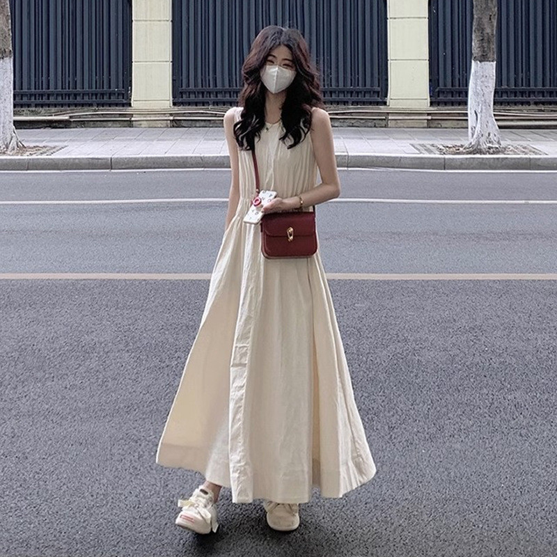 Retro Artistic Style White Vest Dress Summer Japanese Tall Dress