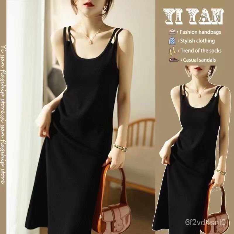 Rok Suspender Musim Panas, Gaun Rompi Pakaian Luar, Rok Suspender Warna Hitam, Panjang Setengah