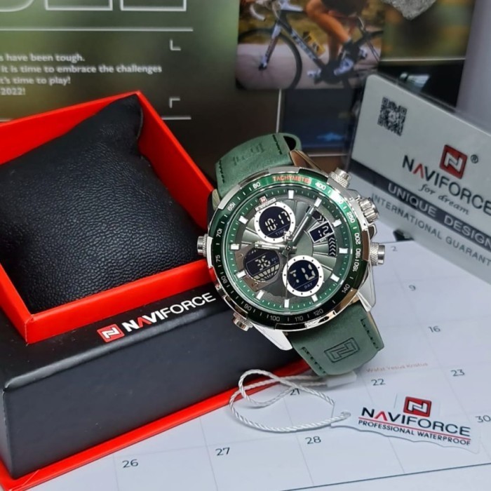 Jam Tangan Naviforce 9197 Garansi 1 Th Leather Green Sier