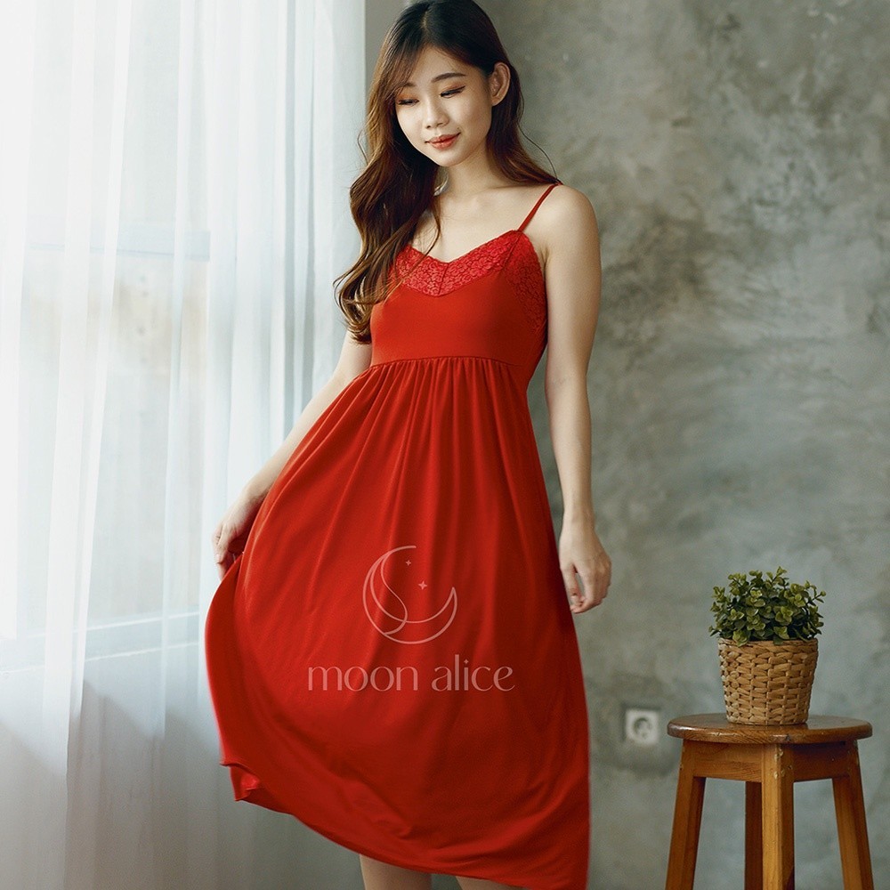 Babydoll Daster Seksi tanpa Lengan Renda Merah L275