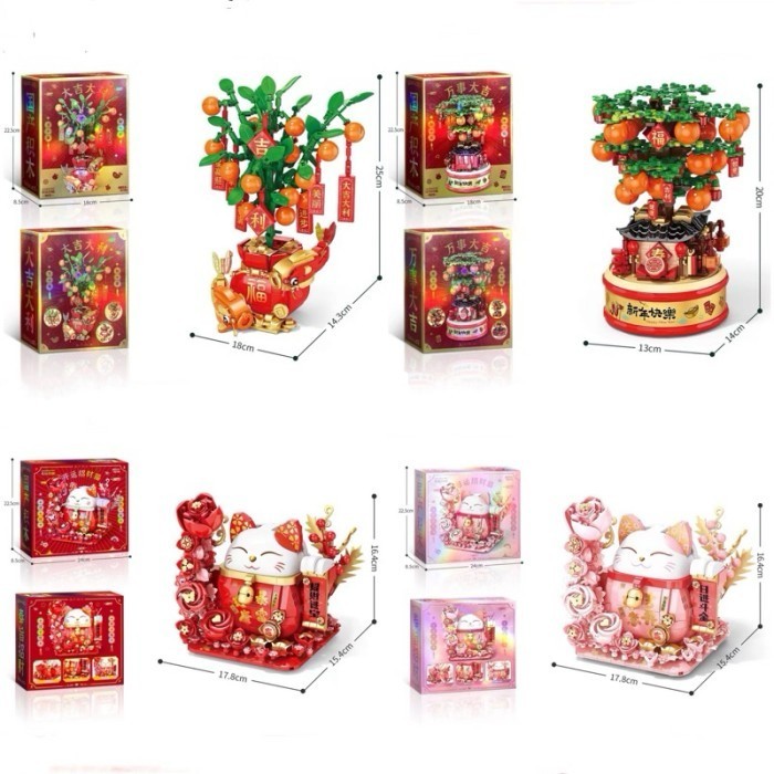

Cny Theme Diy Building Block Bricks Lucky Cat Orange Tree Balok