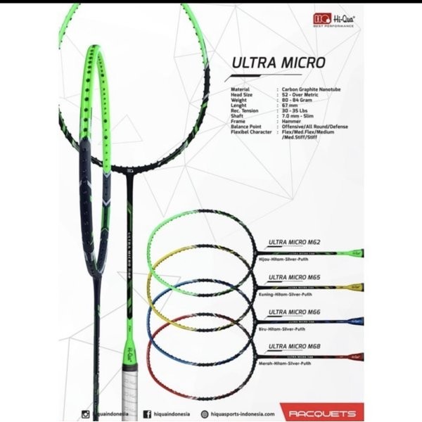 Raket Badminton HIQUA HQ ULTRA MICRO M62 M65 M66 M68 kuat 32 lbs ORI