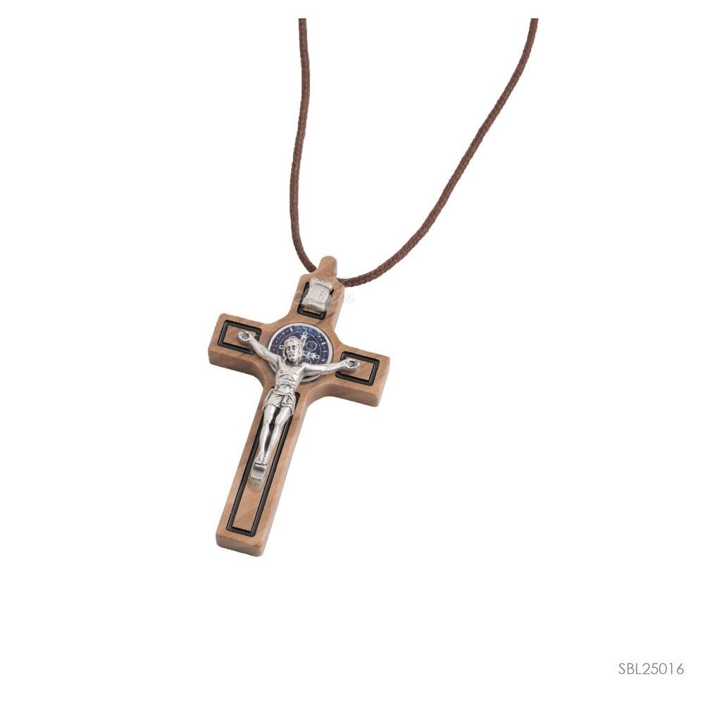 Kalung Bandul Salib Kayu Olive  St.Benedict Katolik