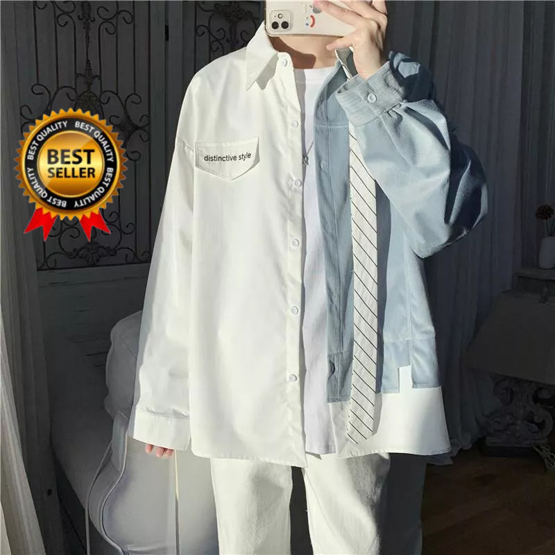 Kemeja langan panjang atasan korea pria lengan panjang cowok fashion pria oversize pria Palsu Dua