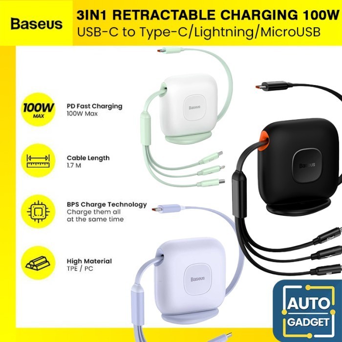 Baseus 3In1 Retractable Cable Fast Charger 100W Suitable For Apple