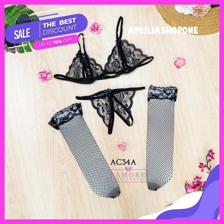 KUALITAS TERBAIK BRA SET G STRING UNDERWEAR WANITA + STOCKING LACE HITAM ACA