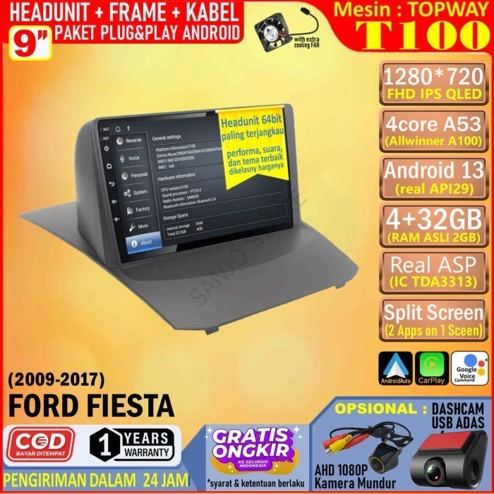 Paket Headunit Android 9 inch + Frame + PNP Canbus Ford Fiesta 2010 Topway T100 RAM 4GB-ROM 32GB-IPS