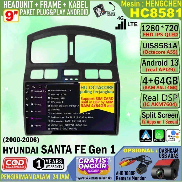 Paket Headunit Android 9 inch + Frame + Soket PNP Hyundai Santa Fe 2000 Gen 1 Hengchen UIS8581A RAM 