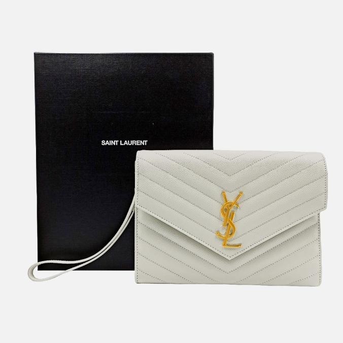 Promo Saint Laurent Ysl Monogram Clutch Crema Soft Ghw