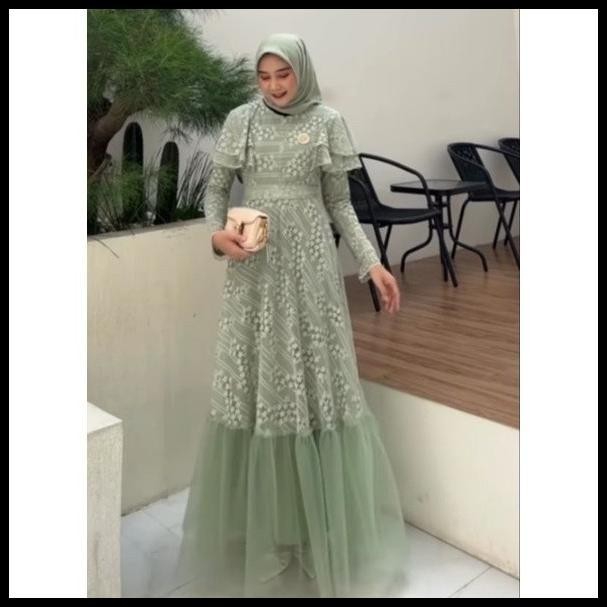 DISKON) gamis pesta hijau sage gamis pesta brukat gamis kondangan baru Silahkan diorder