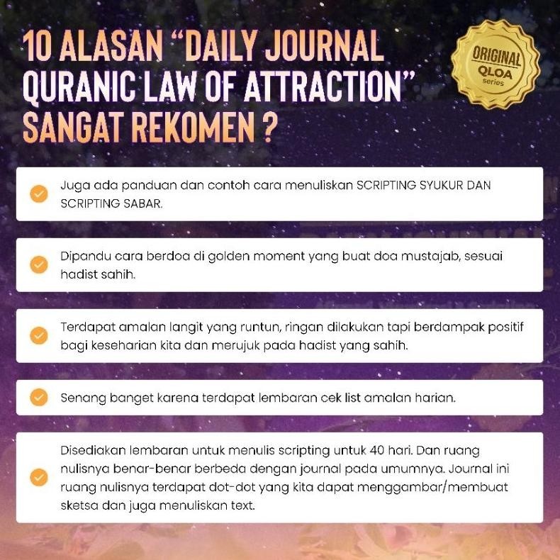 

BUKU DAILY JOURNAL QURANIC LAW OF ATTRACTION SCRIPTING, AFIRMASI, VISUALISASI DENGAN DOA, SYUKUR, SABAR | NOTEBOOK ORIGINAL 3.3