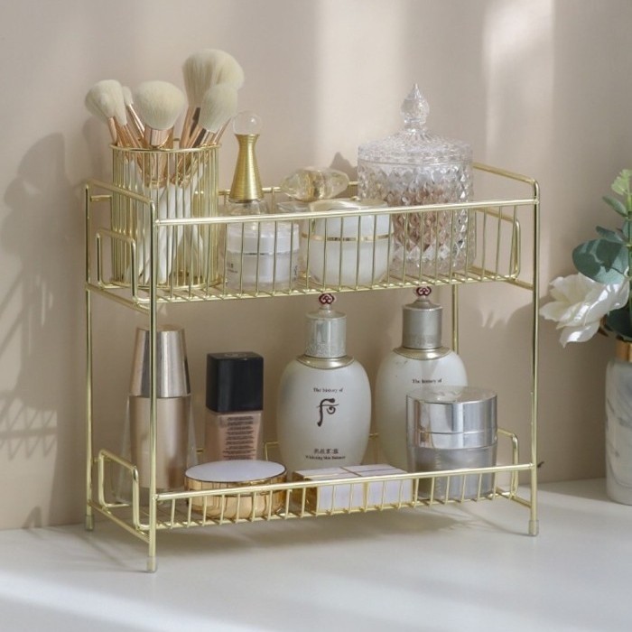 Ready Iron Gold Jewelry Rack Double Layer Rak Perhiasan Kosmetik Emas Nordic