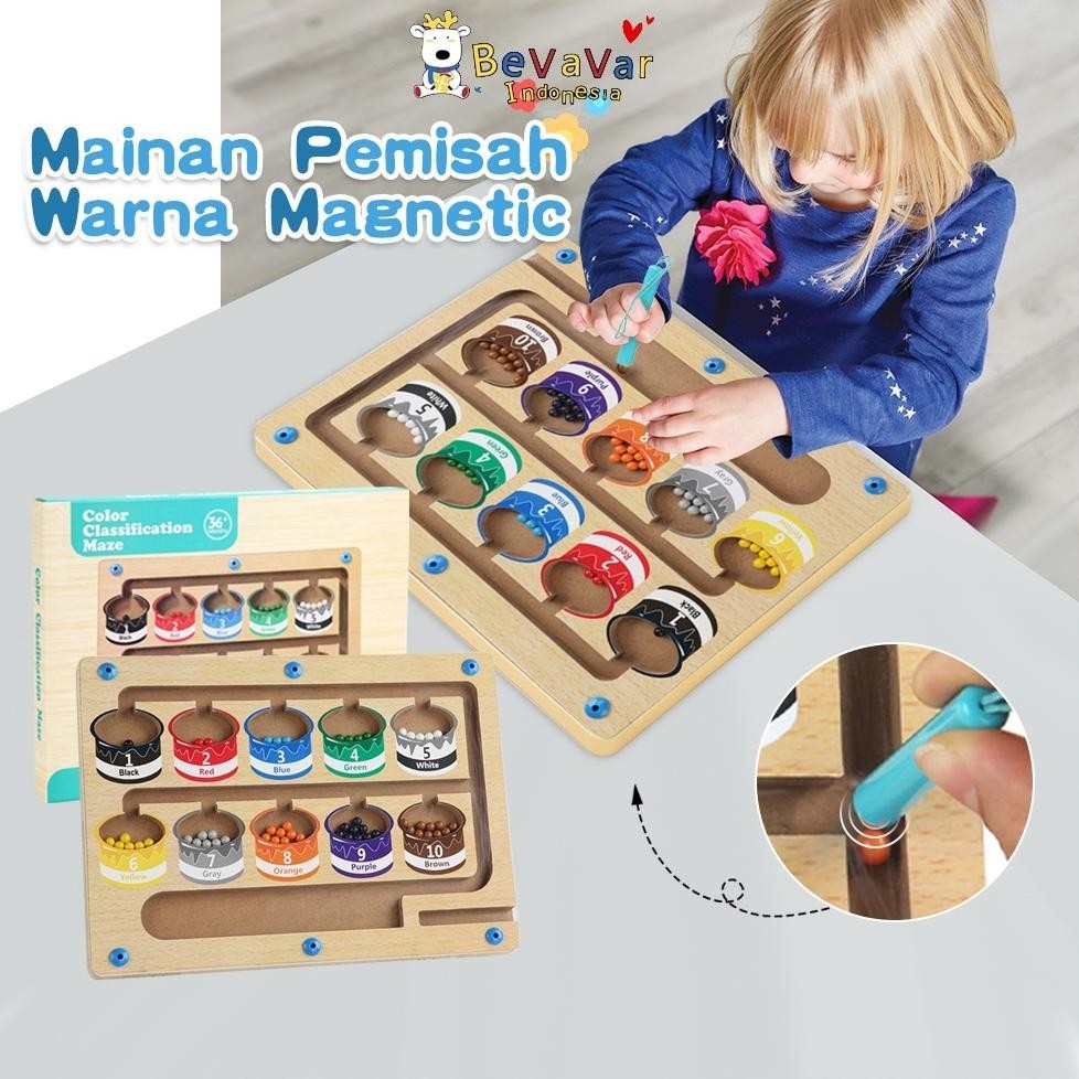 Bevavar Mainan Kayu Penyortiran Warna-Warni Bola Tarikan Magnet Mainan Prasekolah Anak