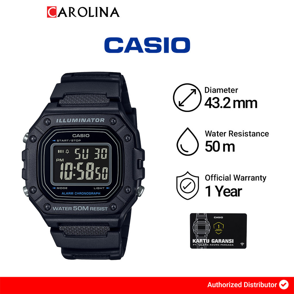 Jam Tangan Unisex Casio General W-218H-1B Illuminator Digital Dial Black Resin Band