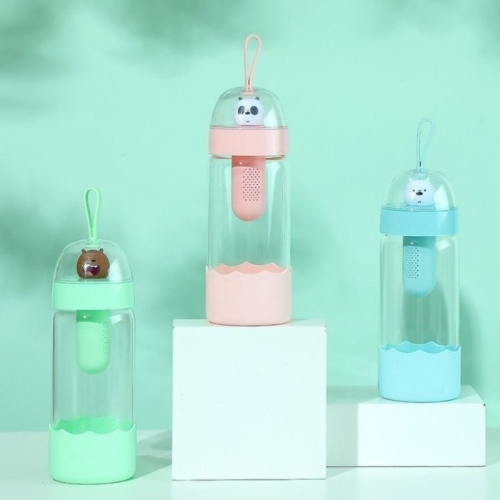 We Bare Bears Botol Minum Kaca 370Ml - Miniso Botol With Penyaring Teh