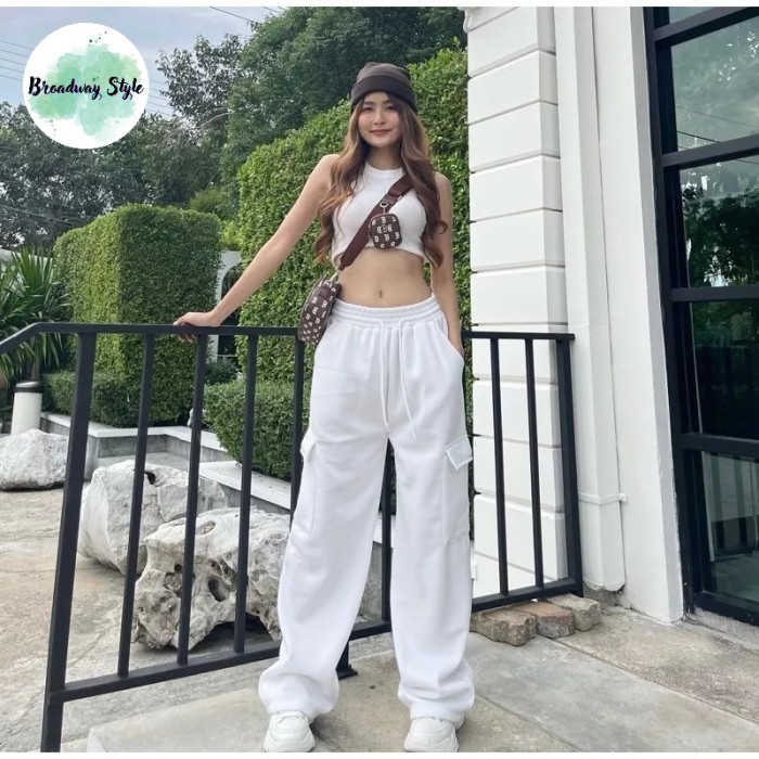 Celana Panjang Kargo Cargo Jogger Baggy Long Pants Wanita White Putih