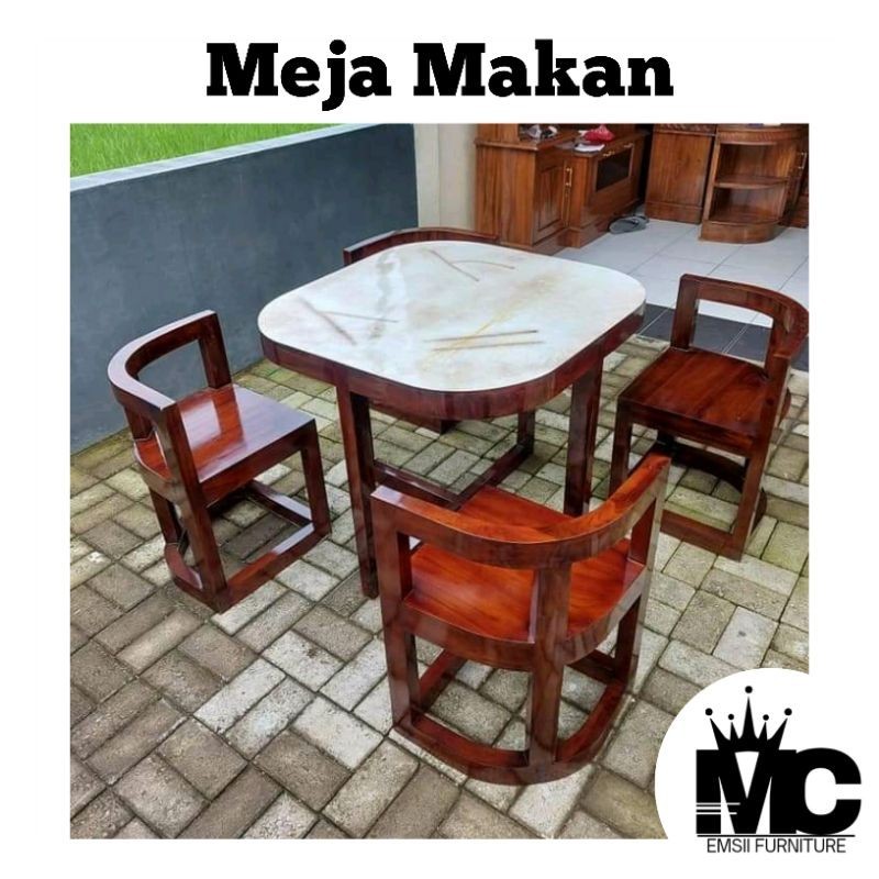 Meja Makan Minimalis Oval Set Kursi 4 Kayu Jati Finishing Natural Kombinasi Warna Marmer Meja Makan 