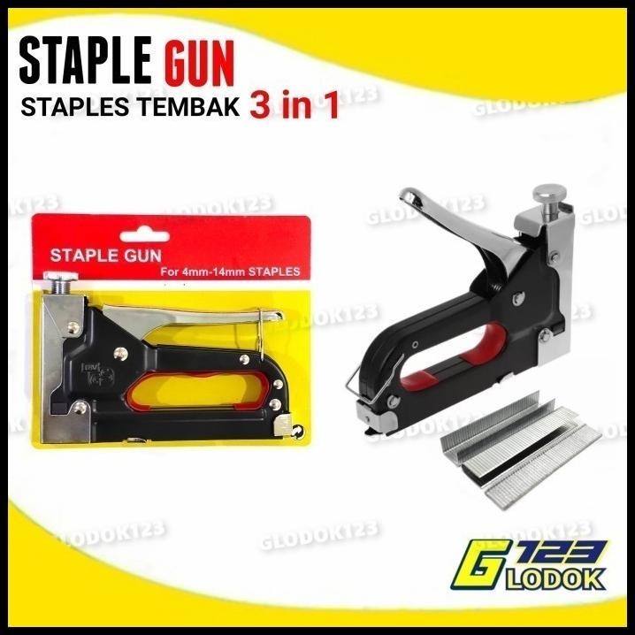 

TERBARU STAPLE STAPLES STEPLES GUN TEMBAK 3 IN 1 JOK KULIT KAYU KARPET KARDUS !!!!
