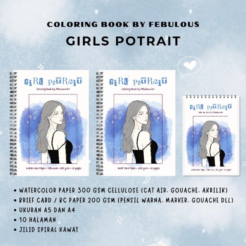 

Girl Potrait Coloring Book Watercolor paper 300 gsm BC paper 200 gsm buku mewarnai perempuan sketsa belajar melukis realis