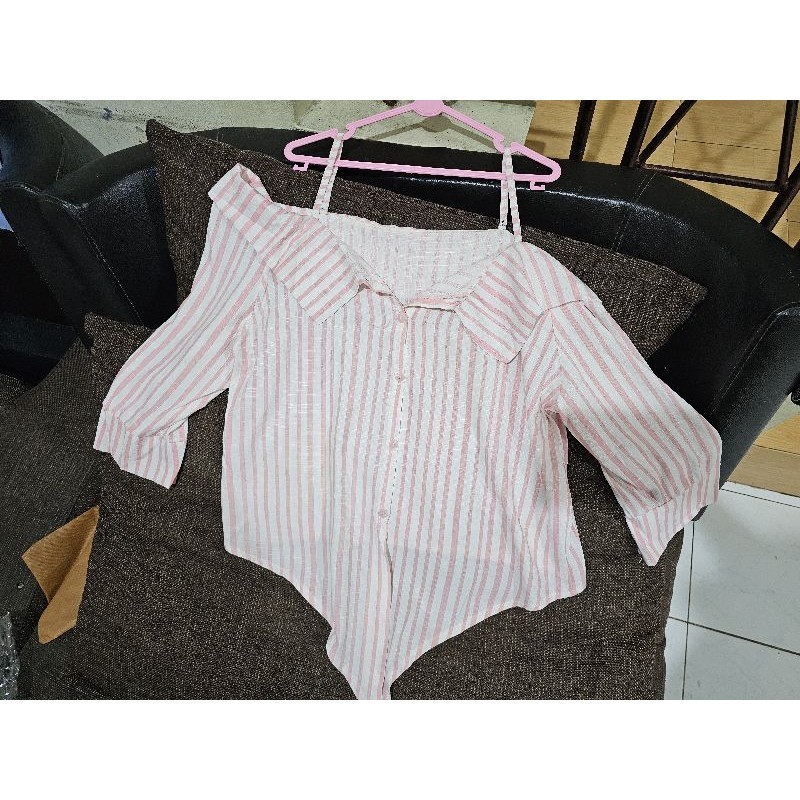 kemeja salur pink