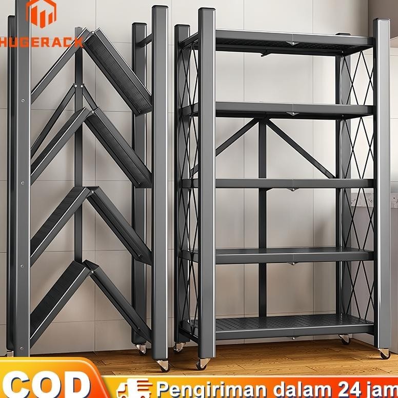 Rak Lipat Besi Rak Besi 5 Susun Rak Lipat Portable Rak Dapur Lipat Rak Roda Rak Penyimpanan Serbagun