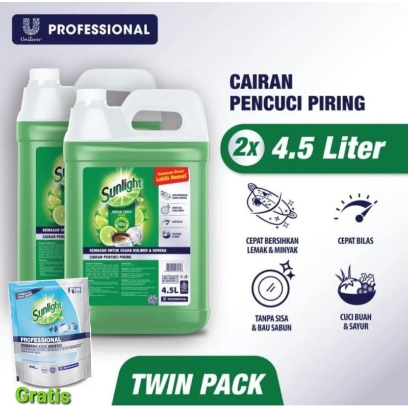 Sunlight Profissional Cairan Pencuci Piring 5 Liter Twin Pack ( 2 pcs ) + Bonus Glass Cleaner