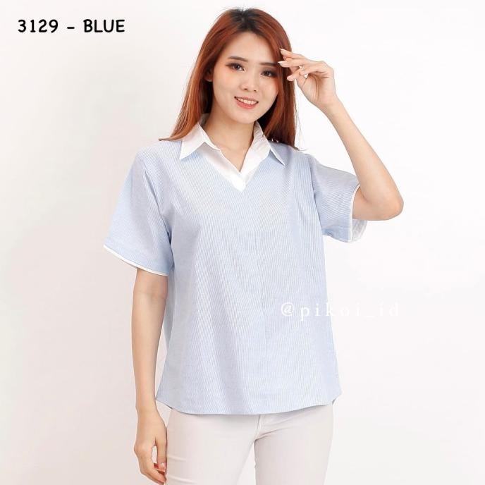 Blouse Wanita Lengan Pendek Garis Garis / Baju Kerah Cewe Kuliah Katun Stok Terbatas
