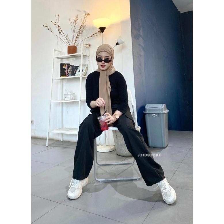 Celana Cargo Wanita Highwaist Kulot Pants Bahan Katun Drill