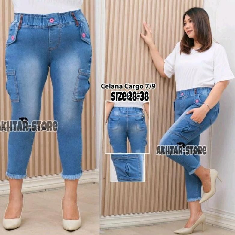 28-38 New Vania Jeans Cargo 7/9 Pinggang Karet Variasi Kancing Bawah Rawis