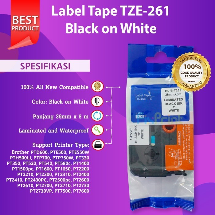 

Label Tape Printer Tze-261 36Mm Black On White / Tze 261 Pt-P900W