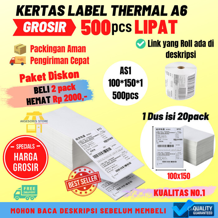 

KERTAS THERMAL LABEL STICKER 100X150 500PCS BARCODE UKURAN A6