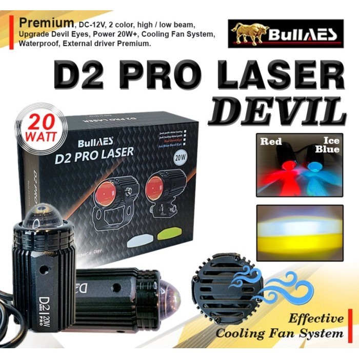 Lampu Tembak Laser D2 PLUS Hi Loo 20 Watt Laser Premium merk BULLAES