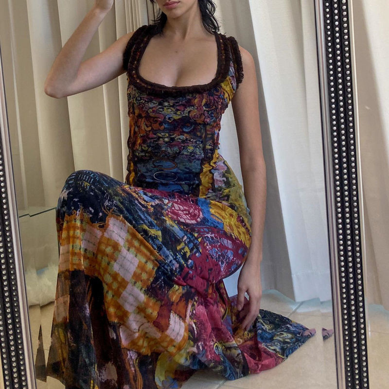 Bohemian Style Backless Printing Slip Dress Female Sexy Low-Cut Lace up Slim Fit Long Dress