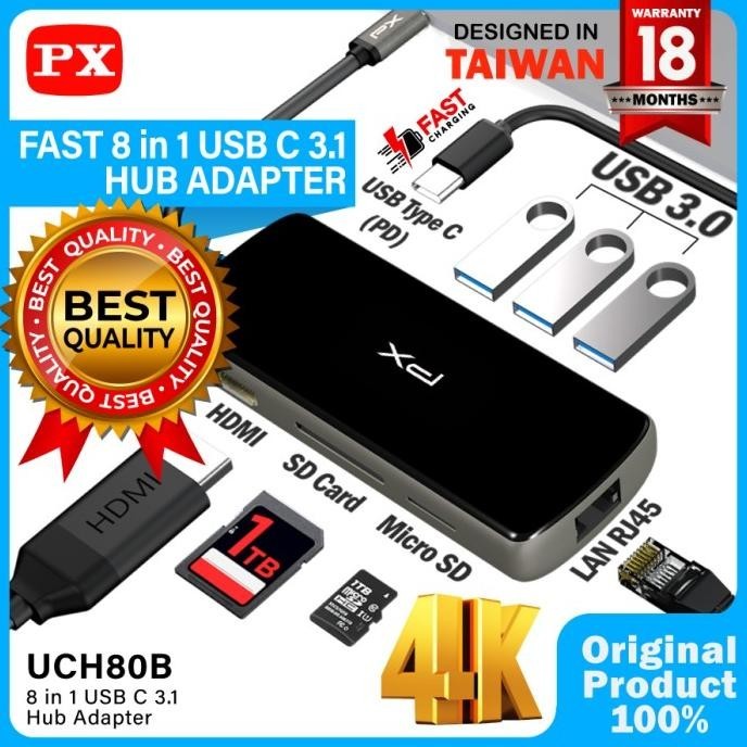 Type C to HDMI Hub Converter Macbook LAN Gigabit 8 in 1 PX UCH80B