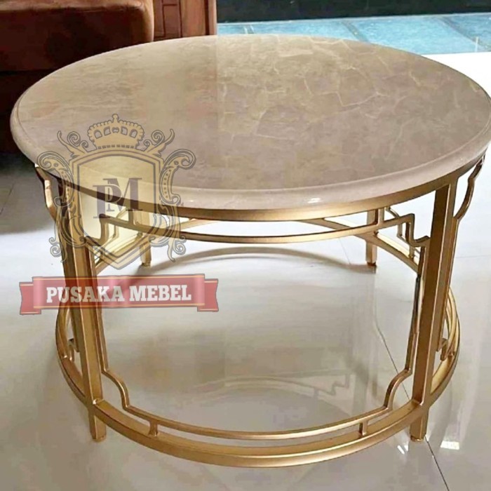 meja tamu bulat besi top marmer, coffee table bulat top marmer asli
