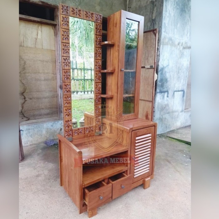 meja rias minimalis kayu jati, meja cermin kamar kayu, tolet minimalis