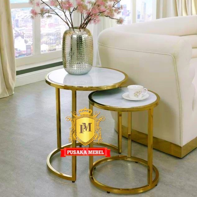 meja hias sudut ruang tamu, meja pot bunga besi stainless top marmer