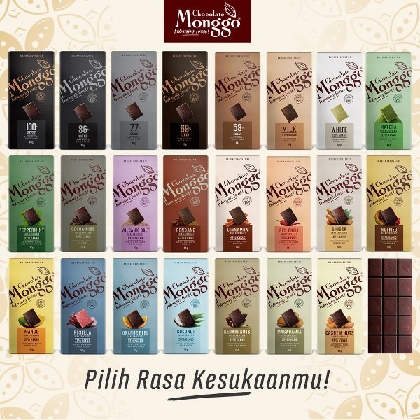 

CHOCOLATE MONGGO 80G COLLECTION 23 FLAVORS DARK COKLAT SNACK SEHAT